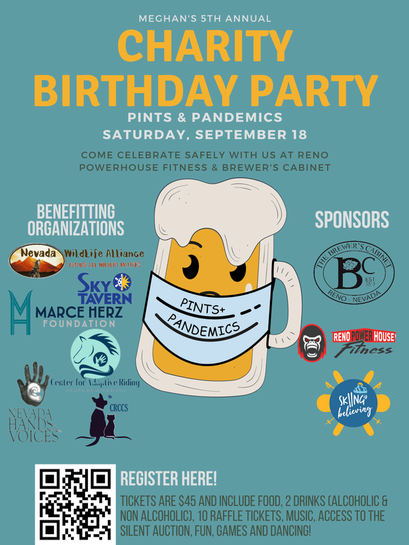 An advertisement for a charity birthday party with a cartoon drink in the middle surrounded by logos from partner organizations
